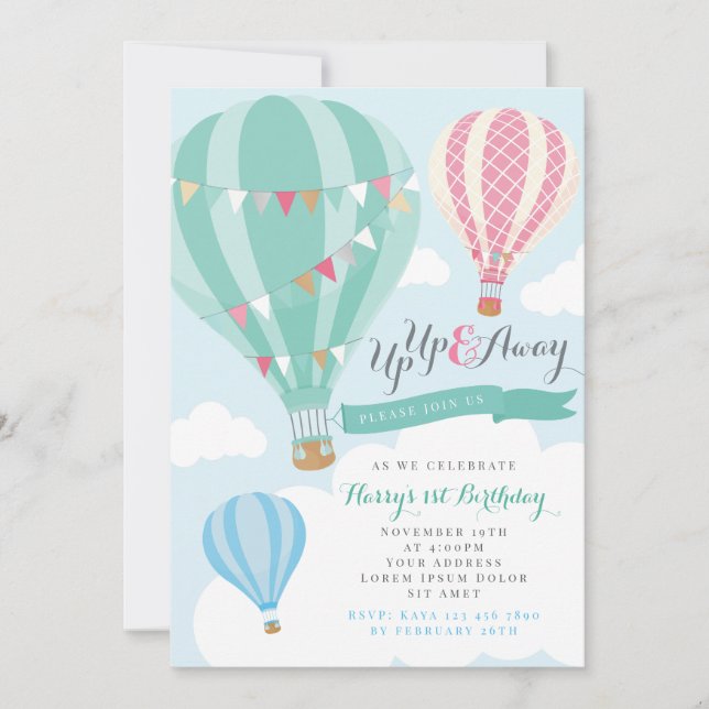 Mint & Pink Hot Air Balloon Birthday Invitation (Front)