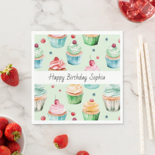 Mint Pink Peach Cupcakes Birthday Napkin