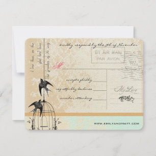 Mint Pink Rich Gold Damask Birdcage Wedding RSVP