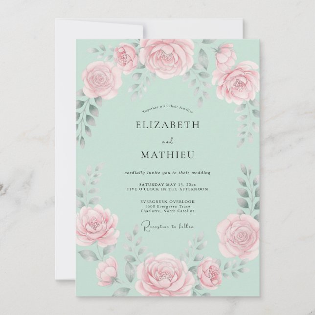 Mint Pink Rose Bloom Wedding Invitation (Front)