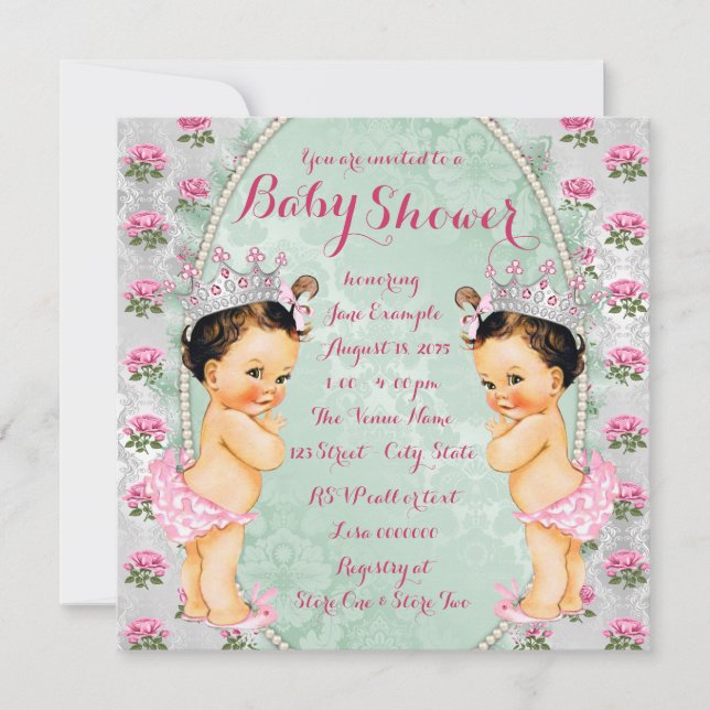 Mint Pink Rose Twin Girl Baby Shower Invitations (Front)