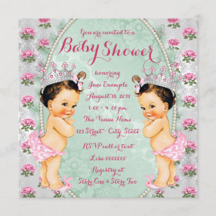 Mint Pink Rose Twin Girl Baby Shower Invitations