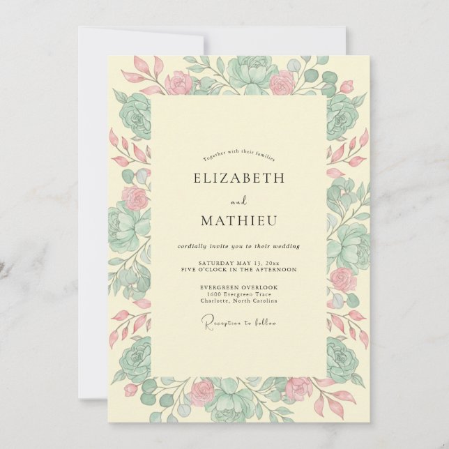 Mint Pink Rose Wedding Invitation (Front)