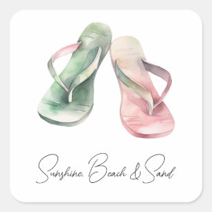 Mint Pink Sunshine Beach Flip Flops Square Sticker