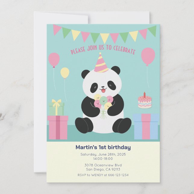 Mint & Pink sweet Panda design Invitation (Front)
