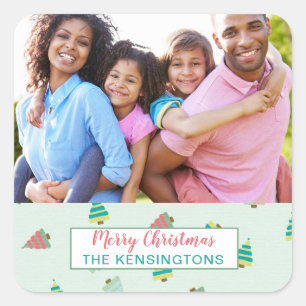 Mint Pink Teal Christmas Pattern Holiday Photo Square Sticker