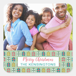 Mint Pink Teal Christmas Pattern Holiday Photo Square Sticker