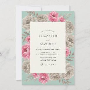 Mint Pink Watercolor Floral Wedding Invitation