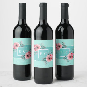 Mint & Pink Watercolor Flowers Monogram Wedding Wine Label
