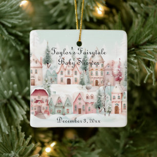 Mint Pink Watercolor Winter Fairytale Baby Shower Ceramic Ornament