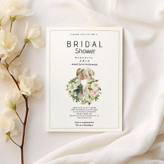 Mint pink white floral couple photo Bridal Shower Invitation