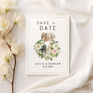 Mint pink white floral couple photo Save the Date Invitation