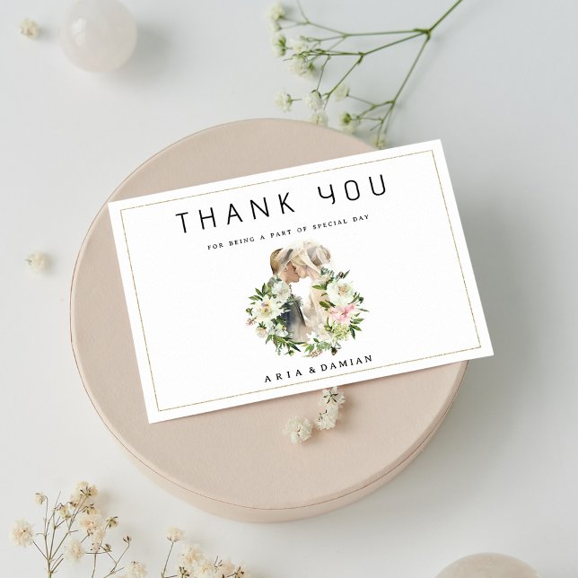 Mint pink white floral couple photo Thank You  Invitation (Mint pink white floral couple photo Thank You)