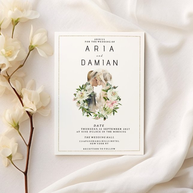 Mint pink white floral couple photo Wedding Invitation (Mint pink white floral couple photo Wedding)