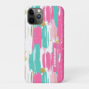 Mint, Pink, White & Gold Abstract Brushstrokes iPhone 11 Pro Case