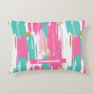 Mint, Pink, White & Gold Abstract Brushstrokes Decorative Cushion