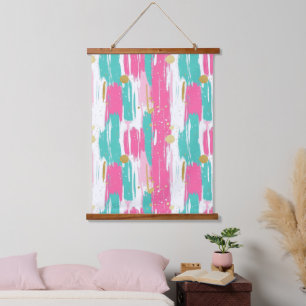 Mint, Pink, White & Gold Abstract Brushstrokes Hanging Tapestry