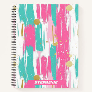 Mint, Pink, White & Gold Abstract Brushstrokes Notebook
