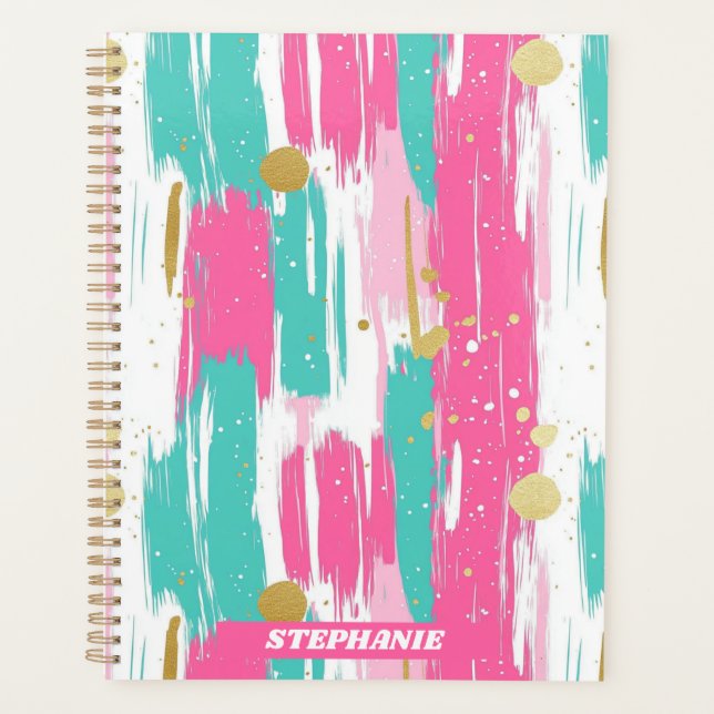 Mint, Pink, White & Gold Abstract Brushstrokes  Planner (Front)