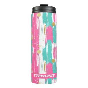 Mint, Pink, White & Gold Abstract Brushstrokes Thermal Tumbler