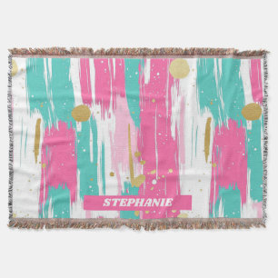 Mint, Pink, White & Gold Abstract Brushstrokes Throw Blanket