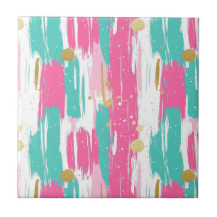 Mint, Pink, White & Gold Abstract Brushstrokes Tile