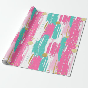 Mint, Pink, White & Gold Abstract Brushstrokes Wrapping Paper