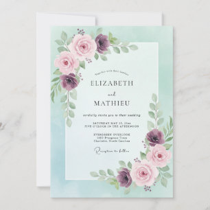 Mint Plum Painted Peony Wedding Invitation