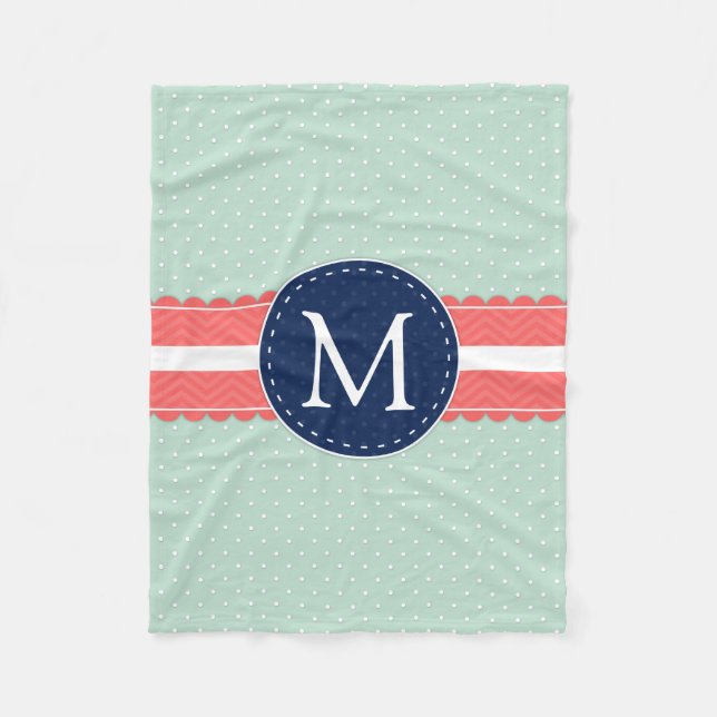 Mint Polka Dot Pattern Coral Navy Blue Monogram Fleece Blanket (Front)