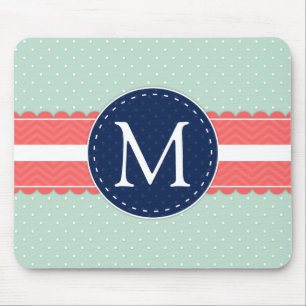 Mint Polka Dot Pattern Coral Navy Blue Monogram Mouse Mat