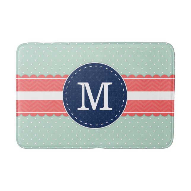 Mint Polka Dot Pattern Coral Navy Blue Monogram Pi Bath Mat (Front)