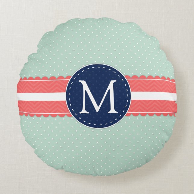 Mint Polka Dot Pattern Coral Navy Blue Monogram Round Cushion (Front)