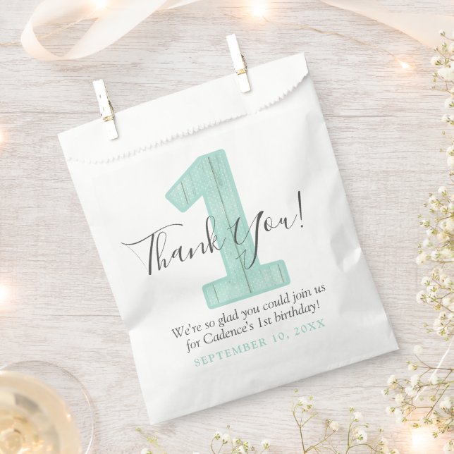 Mint Polka Dot Wood Thank You 1st Birthday Custom Favour Bags (Clipped)