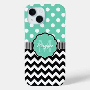 Mint Polka Dots Black Chevron Monogram iPhone 15 Case