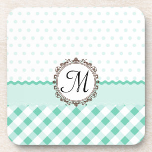 Mint Polkadots, Check and Stripes with Monogram Coaster