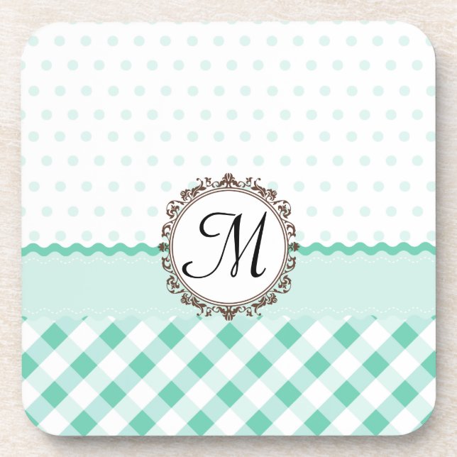 Mint Polkadots, Check and Stripes with Monogram Coaster (Front)