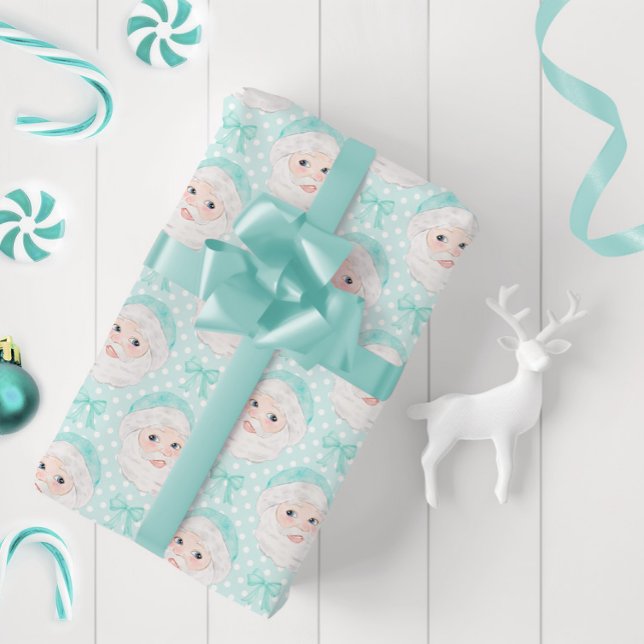 Mint Preppy Pink Hat Santa Mint Bows Polka Dot Wrapping Paper (Creator Uploaded)