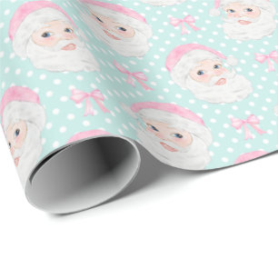Mint Preppy Pink Hat Santa Pink Bows Polka Dot Wrapping Paper