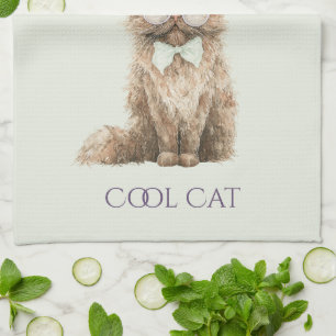 Mint Purple Brown Cool Cat Glasses   Tea Towel