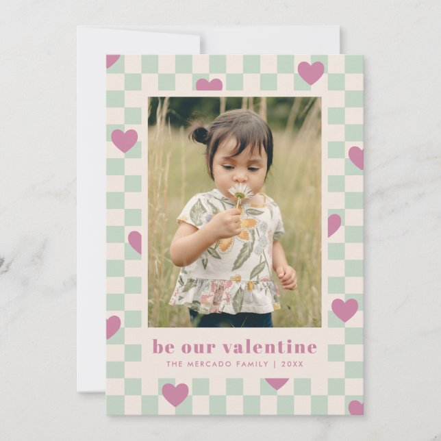Mint Purple Chequerboard Hearts Valentine Card (Front)