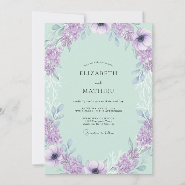 Mint Purple Floral Romantic Wedding Invitation (Front)
