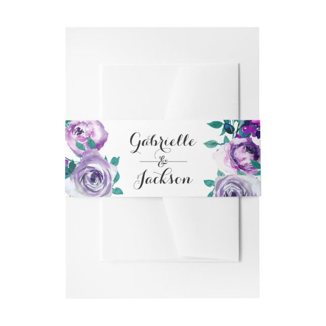 Mint & Purple Floral Watercolor Wedding Invitation Belly Band (Front Example)