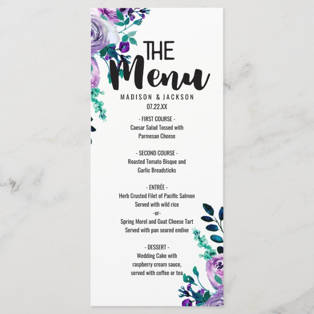 Mint & Purple Floral Watercolor Wedding Menu (Front)