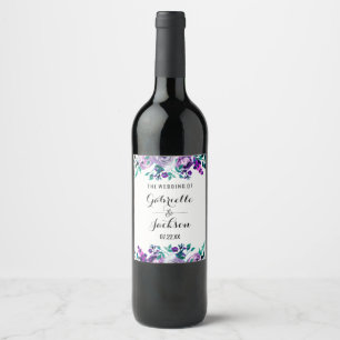 Mint & Purple Floral Watercolor Wedding Monogram Wine Label