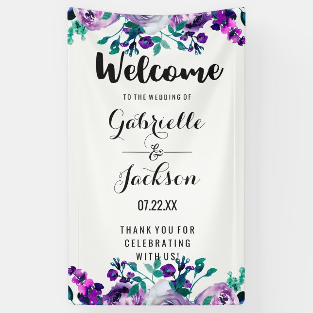 Mint & Purple Floral Watercolor Wedding Welcome Banner (Vertical)