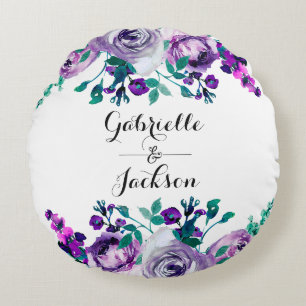Mint & Purple Floral Wedding Ring Bearer Round Cushion