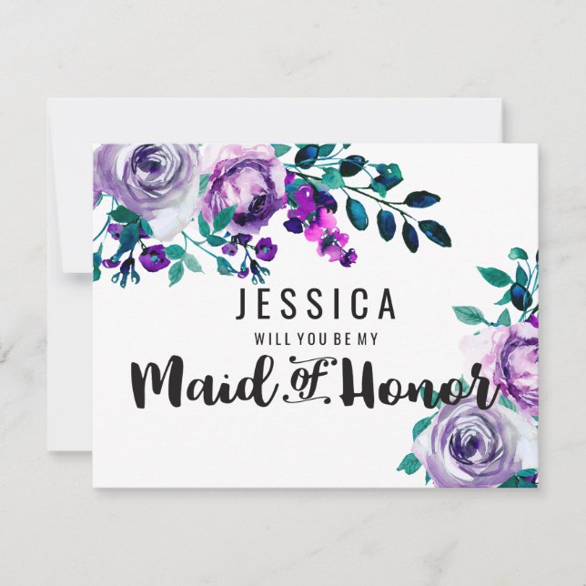 Mint & Purple Floral Will You Be My Maid of Honour Invitation (Front)