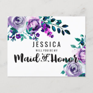 Mint & Purple Floral Will You Be My Maid of Honour Invitation