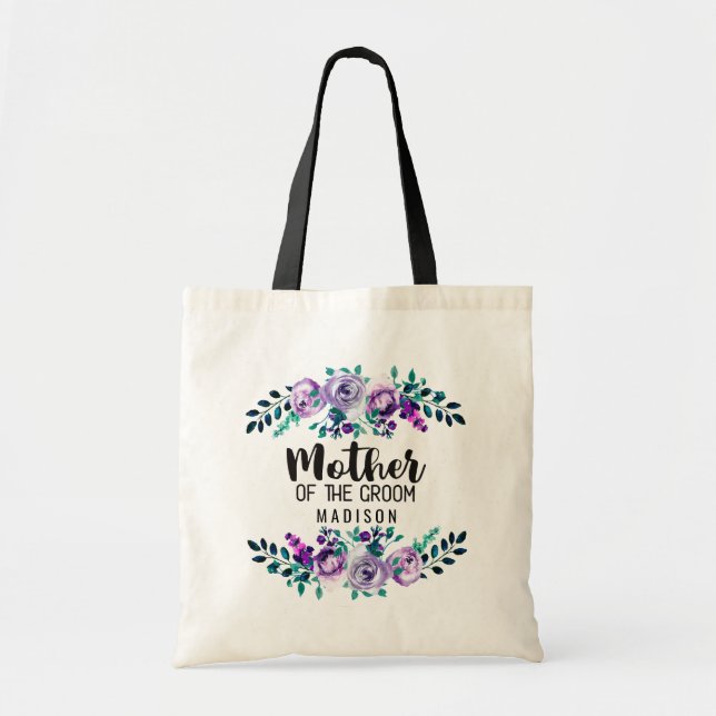 Mint & Purple Floral Wreath Mother of the Groom Tote Bag (Front)