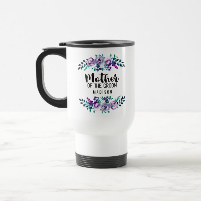 Mint & Purple Floral Wreath Mother of the Groom Travel Mug (Left)